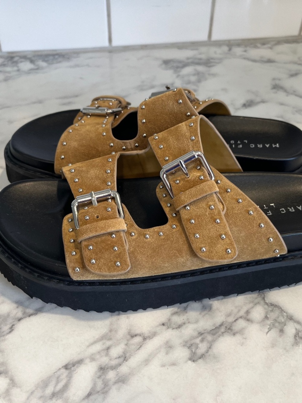 MARC FISHER Light Natural Augusta Slides Slip On Size 8 Embellished Studs